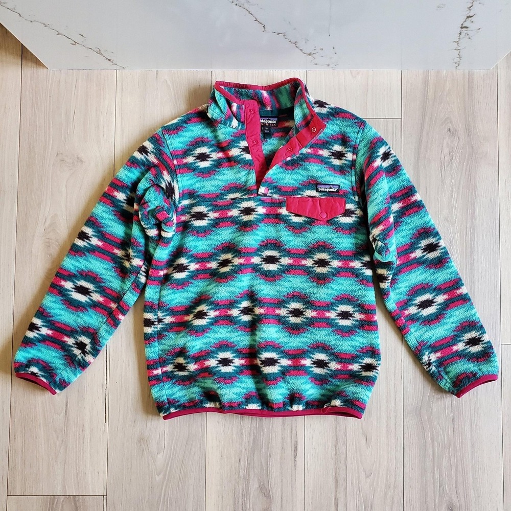 Patagonia Synchilla Snap T Fleece Pullover Womens XS‎ Green Geometric Print